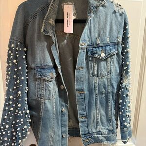 Blue Denim Jacket with Pearl Embellishments